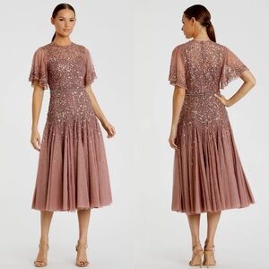 NEW NWT Mac Duggal Cape Sleeve Beaded Tea Length Drop Waist Midi Dress Rosewood